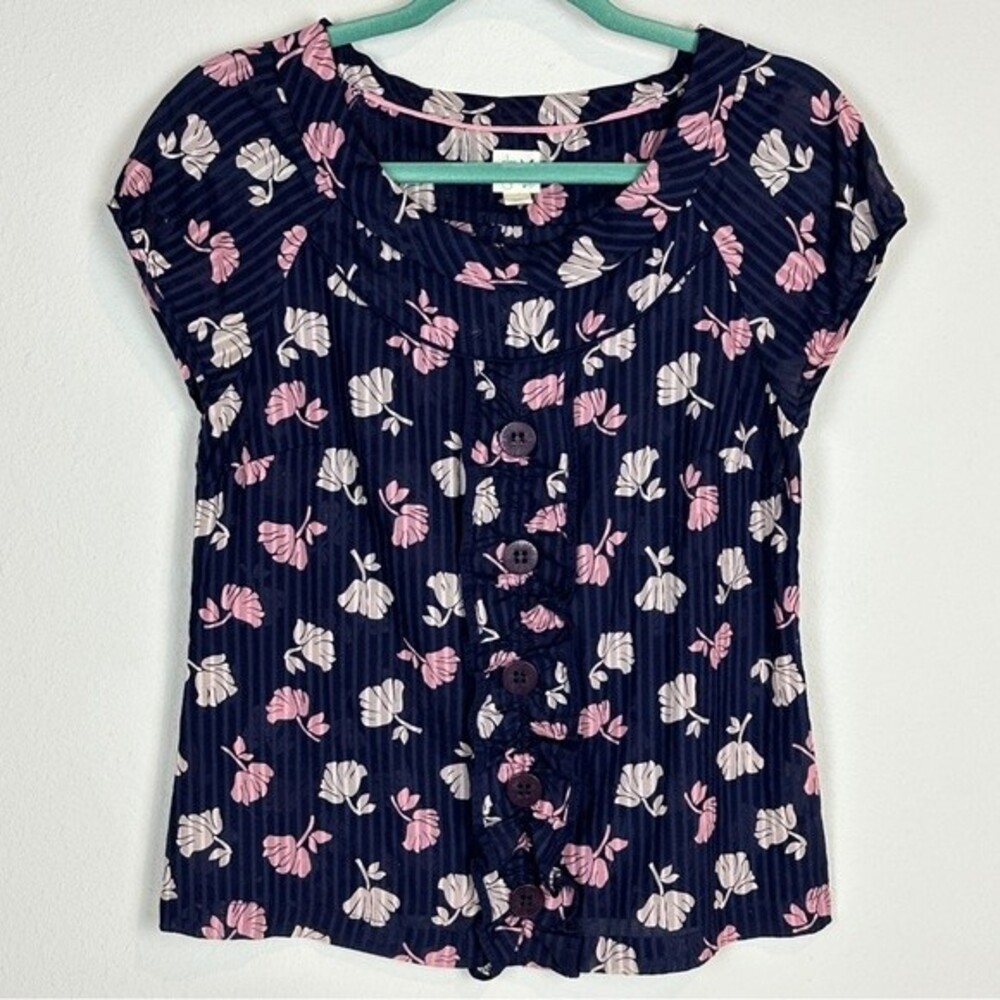 Anthropologie Edme & Esyllte Ginko Navy with Pink Flowers Blouse 4